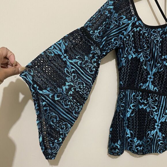 Y2K Sheer Floral Top Lace Print Fairy Witchy Whimsigoth Size Small S Teal Black - Picture 2 of 11